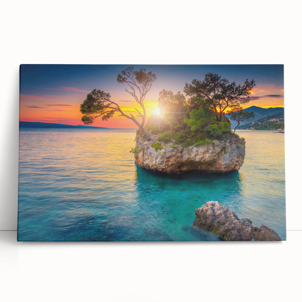 Black and white photo of a European coastal town on large stretched canvas, suitable for kitchen wall art.