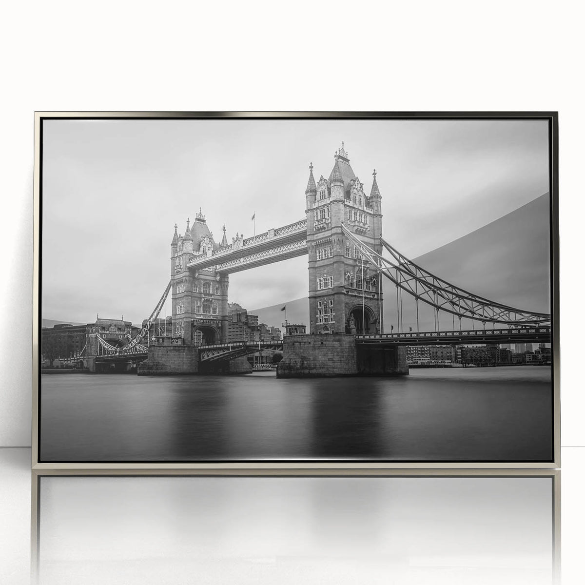 Large art print of London skyline in muted gray tones on framed acrylic, suitable for modern art wall decor.
