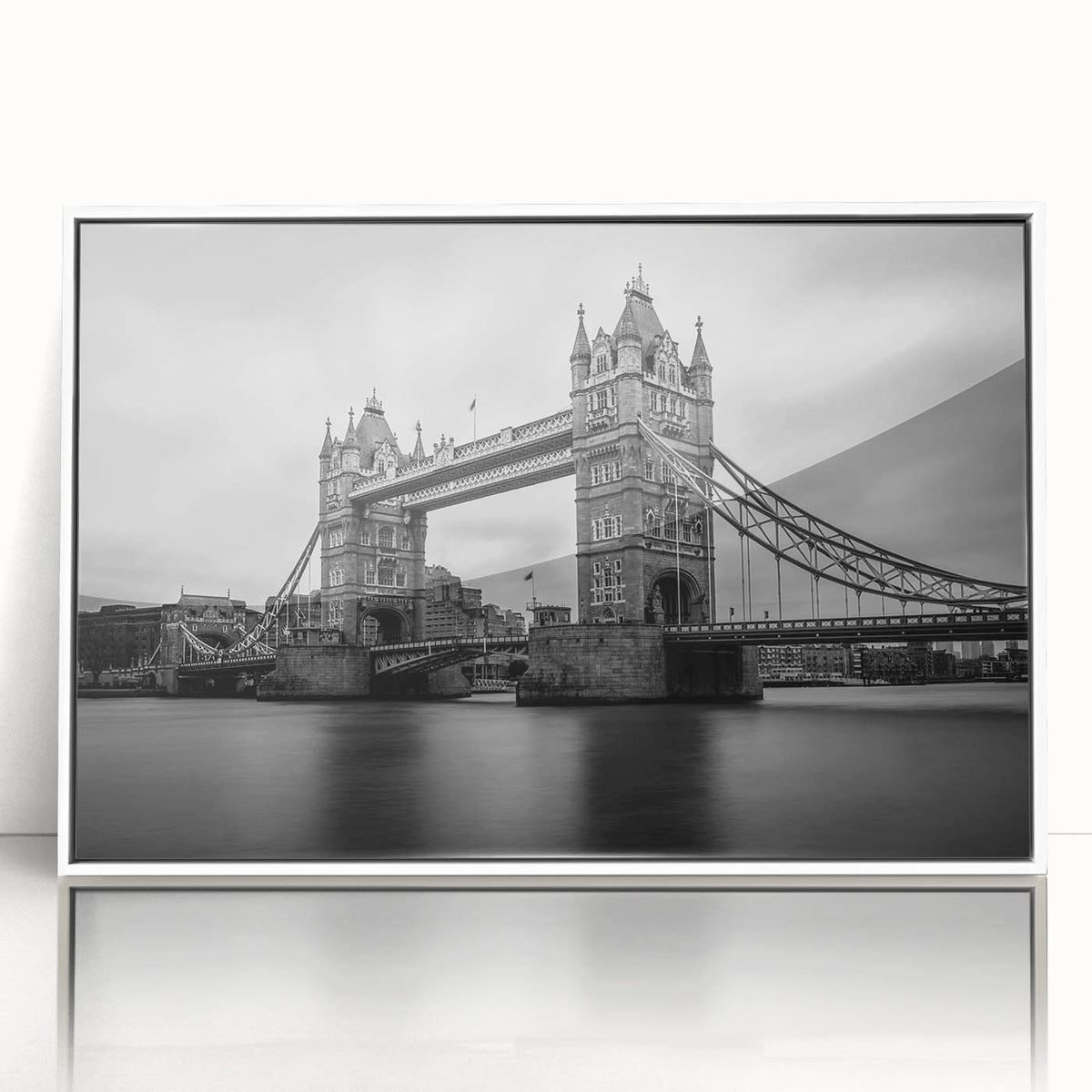 Mid-century modernist art of London skyline in muted gray and blue tones on framed acrylic.
