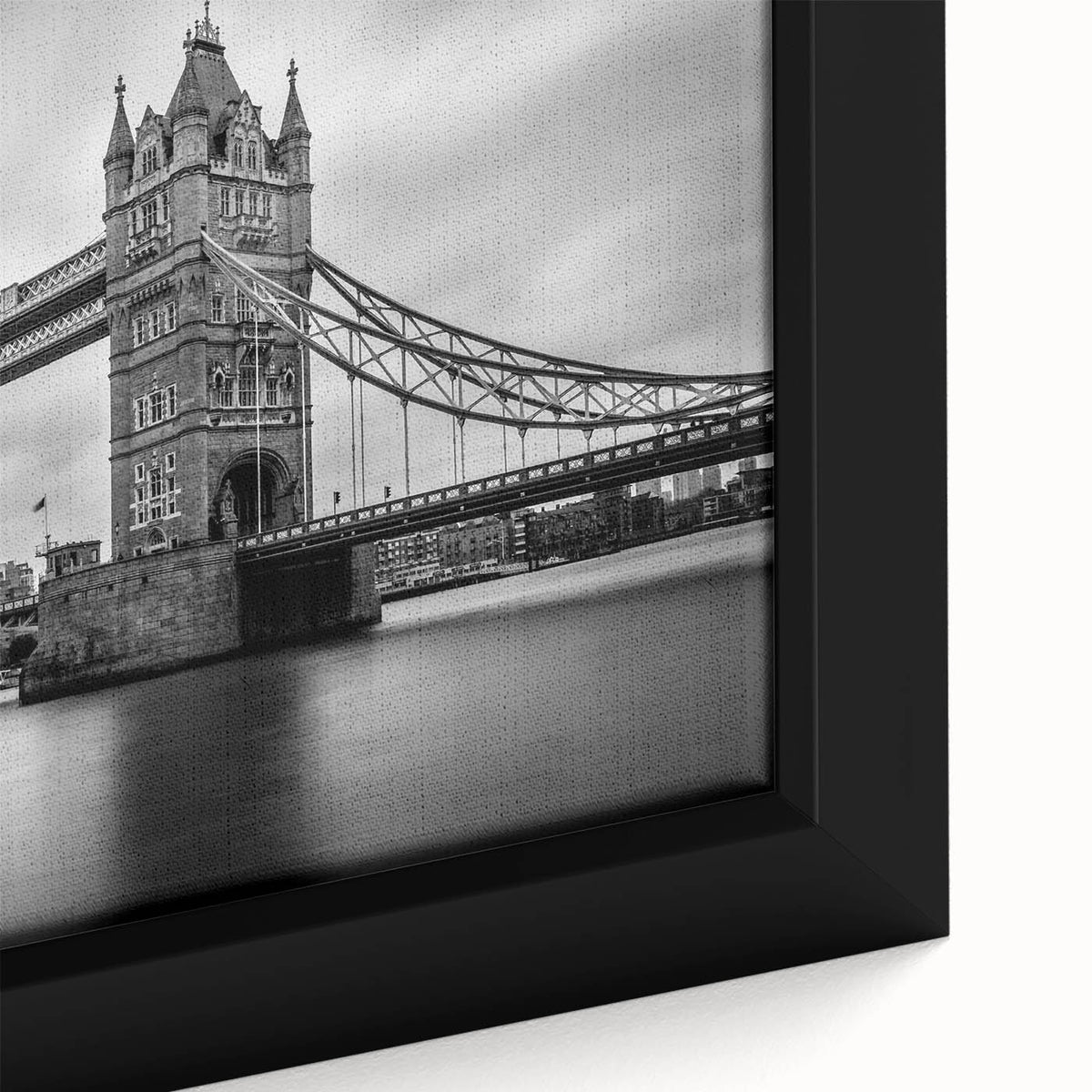 Extra large framed canvas featuring a textured depiction of a black London skyline with colorful art accents.