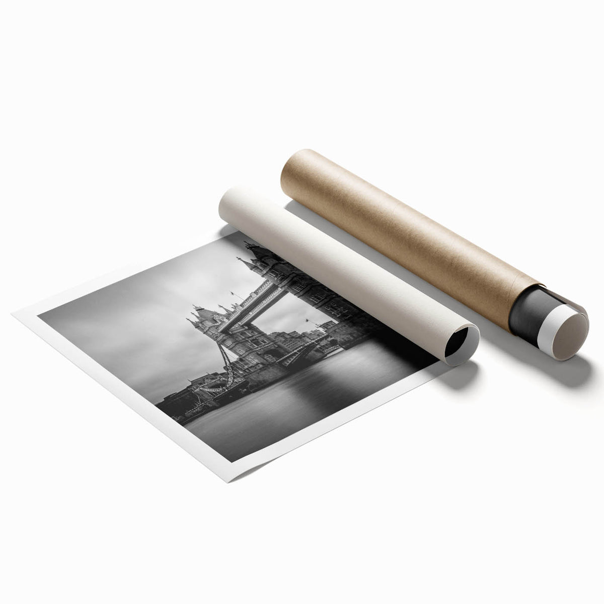 Extra large rolled print of London scenery with floral accents in soft color tones.