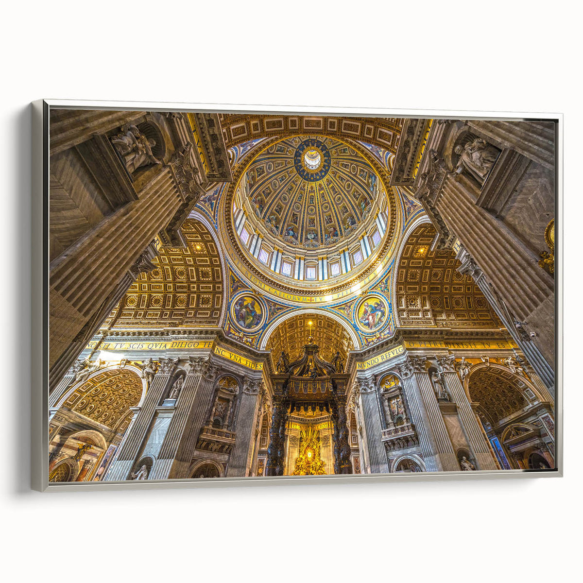 Landscape art painting of Rome with colorful accents on a black background, framed in silver, ideal for living room decor.