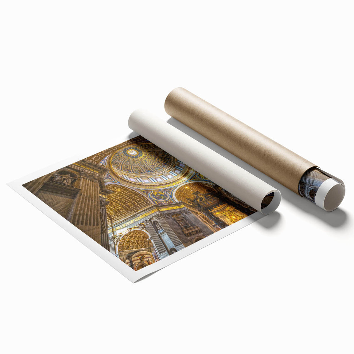 Rolled print of Rome scenery with soft floral elements in subdued earth tones, suitable for classy bathroom wall art.