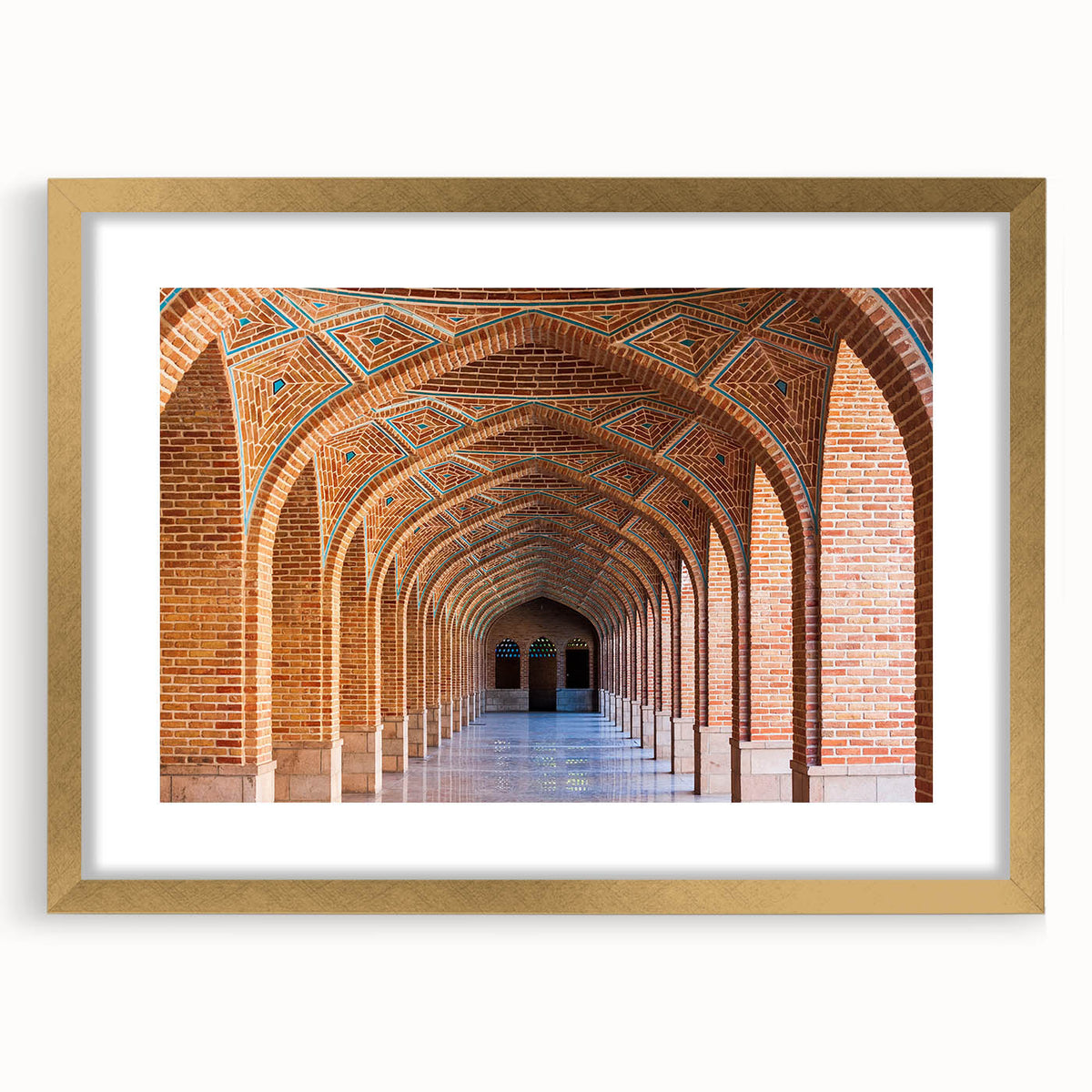 Extra large framed wall art depicting an abstract scenery in gold and beige tones, ideal for living room ambiance.