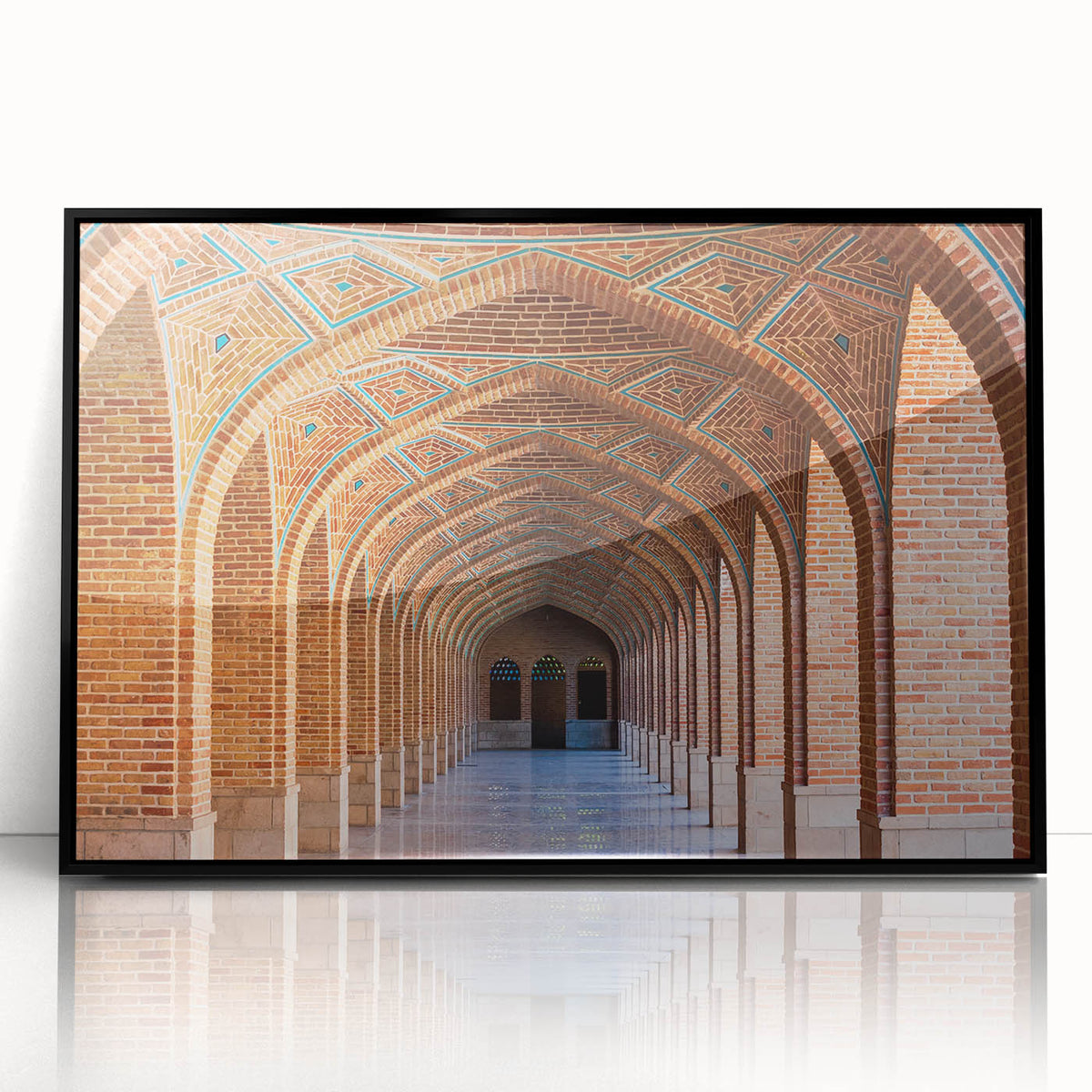 Large abstract wall art depicting a Middle Eastern scenery in muted earth tones on a framed acrylic.