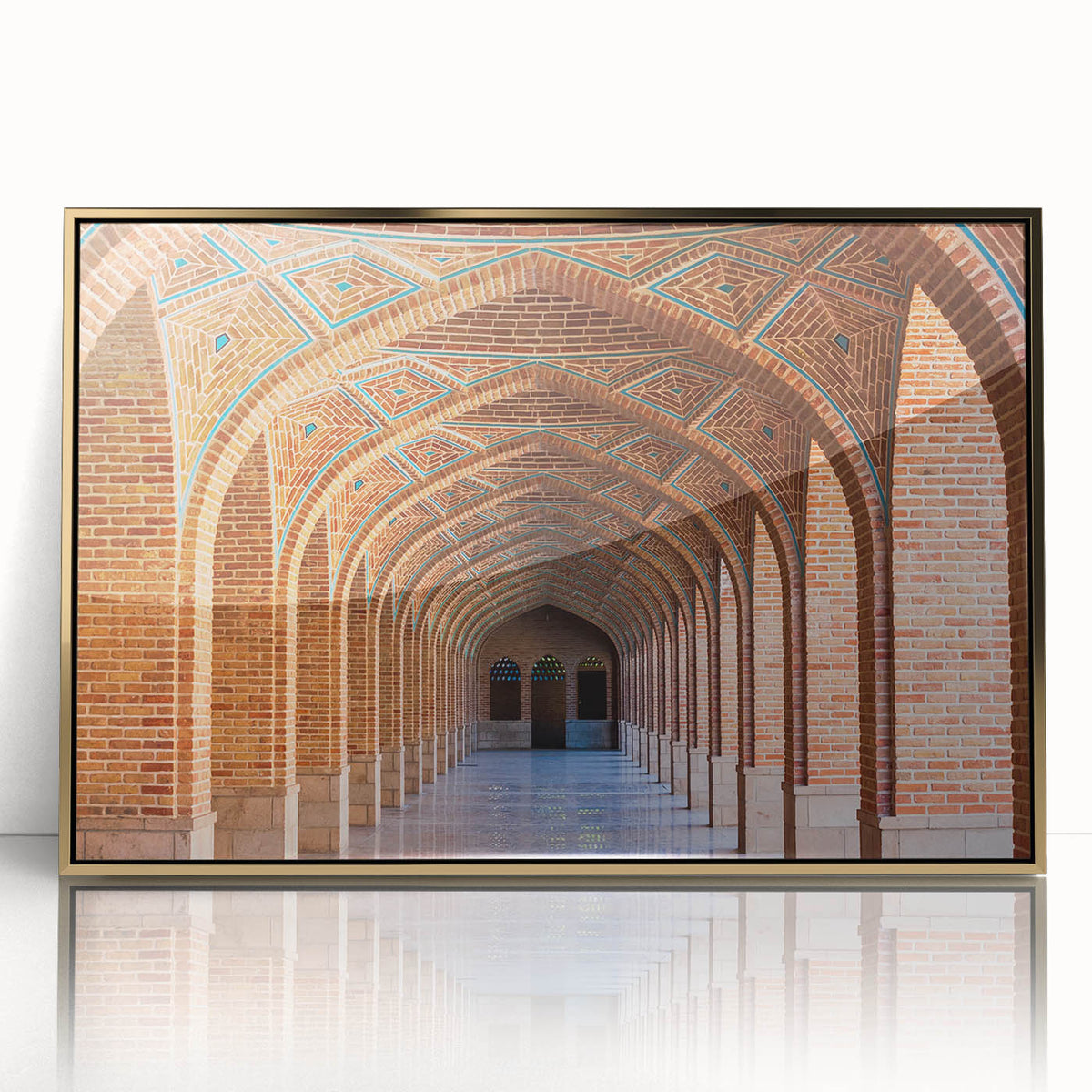 Large acrylic print of a mid-century modernist Iranian scenery in gold and earth tones, ideal for modern art wall decor.