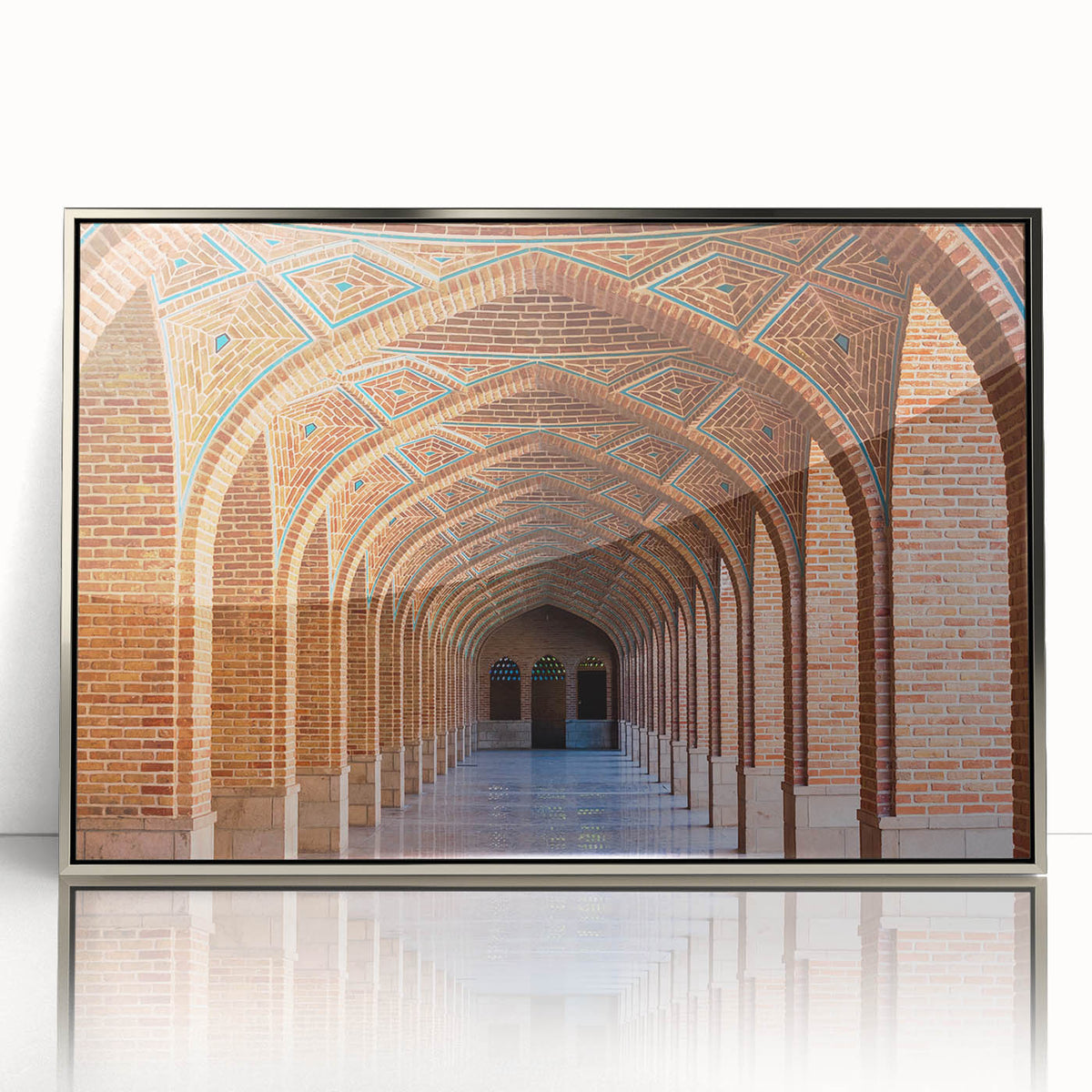 Mid-century modernist art depicting a Middle Eastern landscape in muted earth tones on a framed acrylic print.