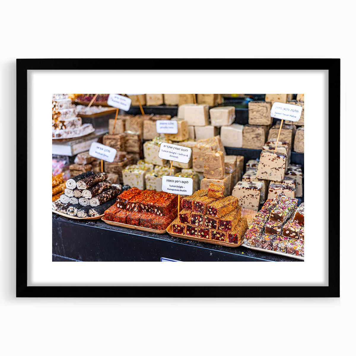 Colorful abstract art print of Jerusalem scenery in vibrant hues on a large textured canvas, ideal for living room decor.