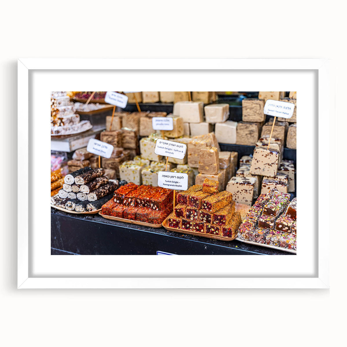 Abstract art print of Jerusalem skyline in muted earth tones on a white-framed mat, suitable for dining room decor.