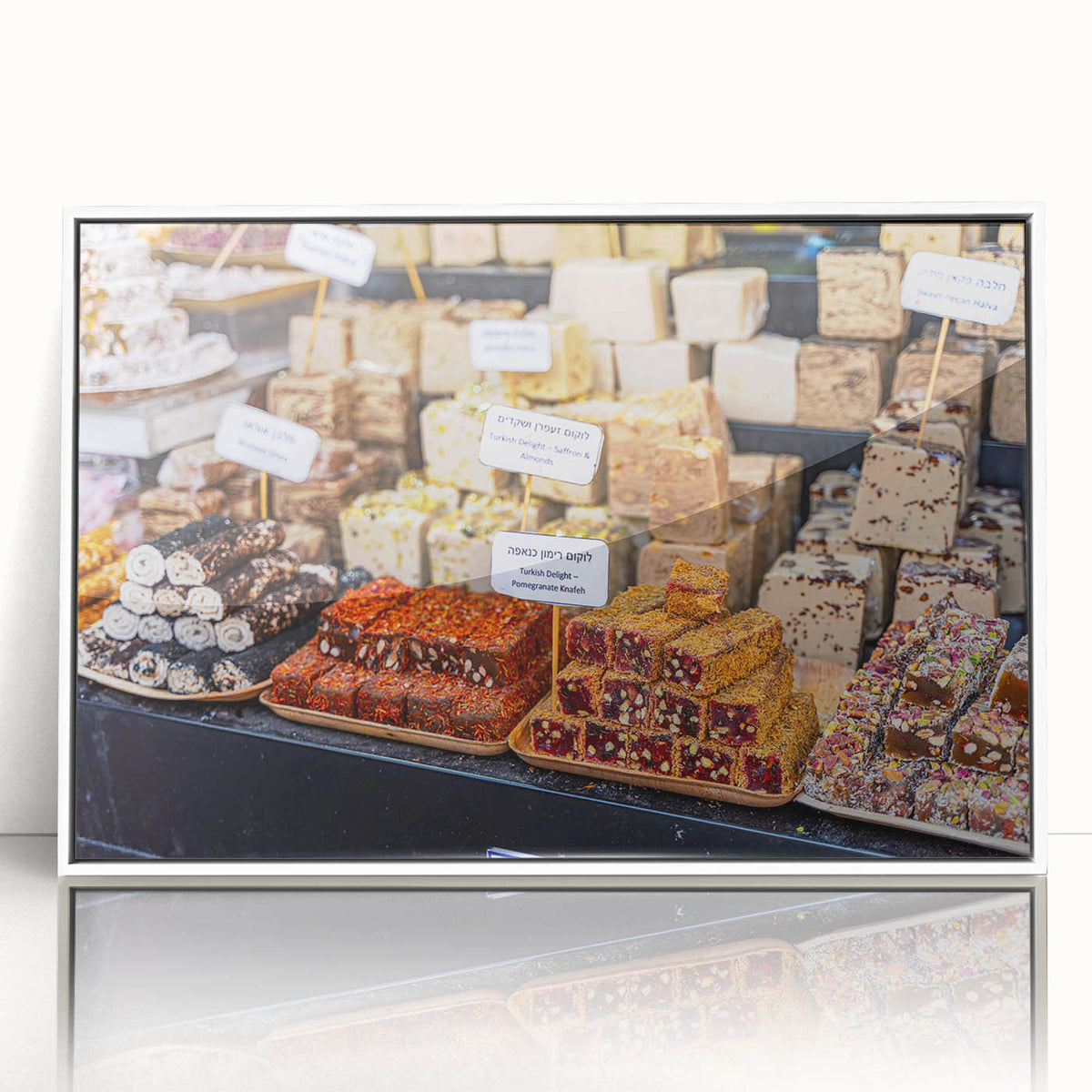Art deco poster of Jerusalem skyline in muted earth tones on white framed acrylic, suitable for modern art wall decor.