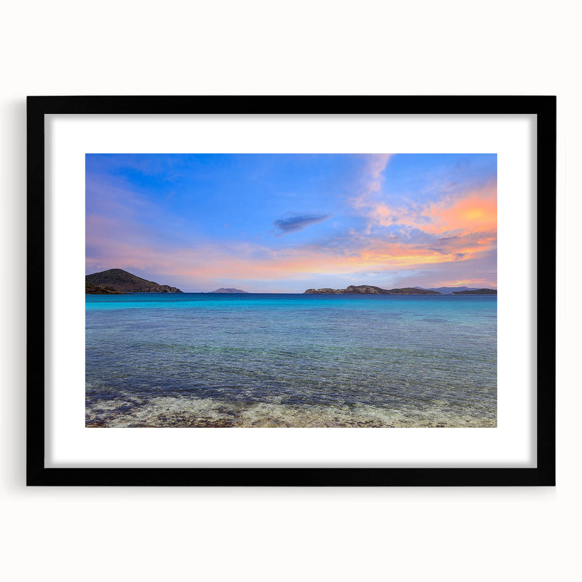 Extra large abstract art print of Charlotte skyline in vibrant colors on textured canvas, framed in black.
