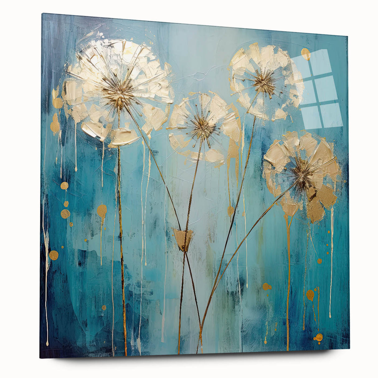 Abstract floral acrylic artwork displayed from a side view, showcasing vibrant colors and intricate patterns on a glass surface, ideal for modern home decor.