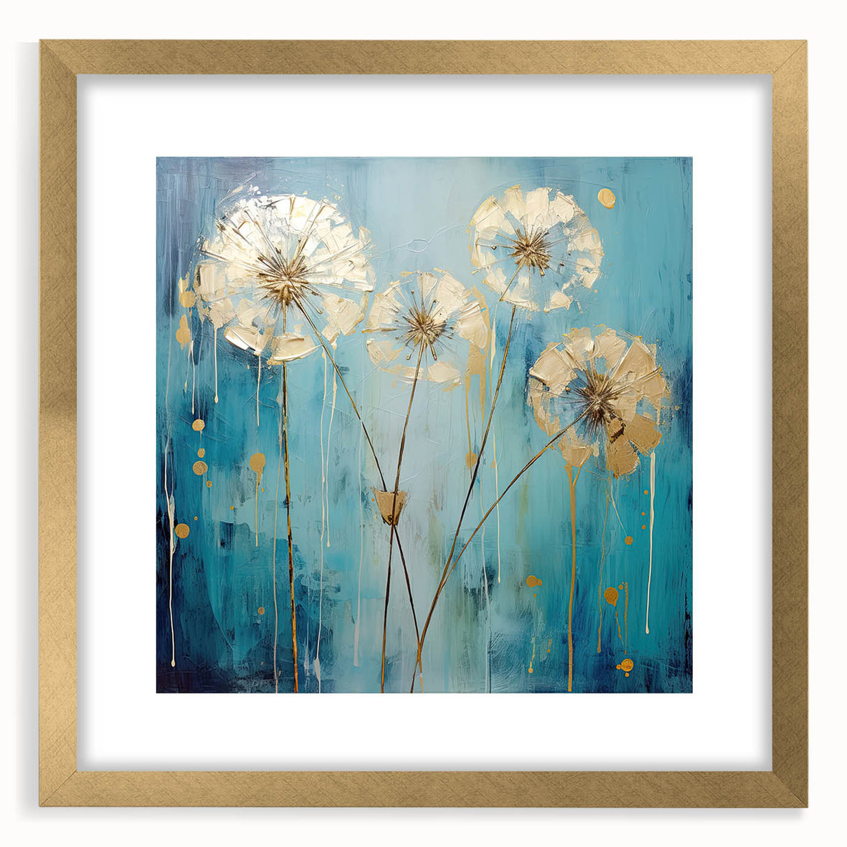 Elegant abstract floral frame with a gold mat, showcasing vibrant colors and intricate designs, perfect for enhancing modern home decor or art collections.