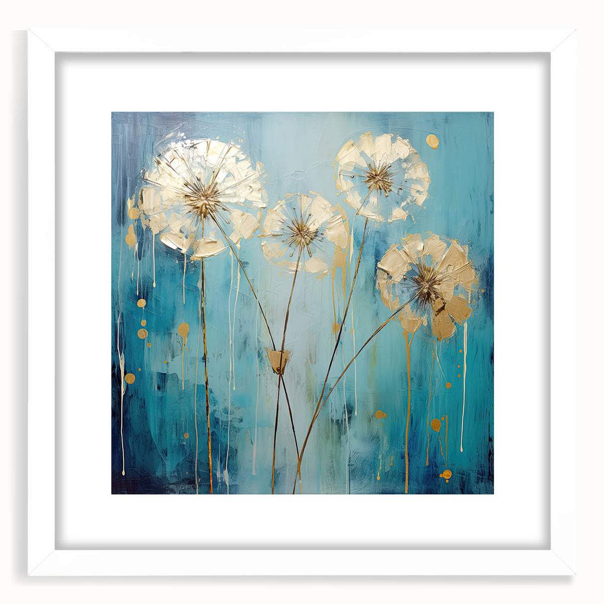 Abstract floral wall art framed in a white mat, showcasing vibrant colors and intricate designs, ideal for modern home decor and art enthusiasts.