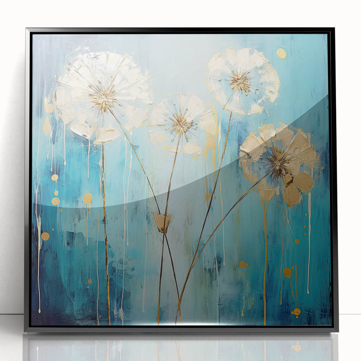 Framed acrylic artwork featuring abstract floral designs in vibrant colors, showcased in a sleek black frame, ideal for modern home decor.