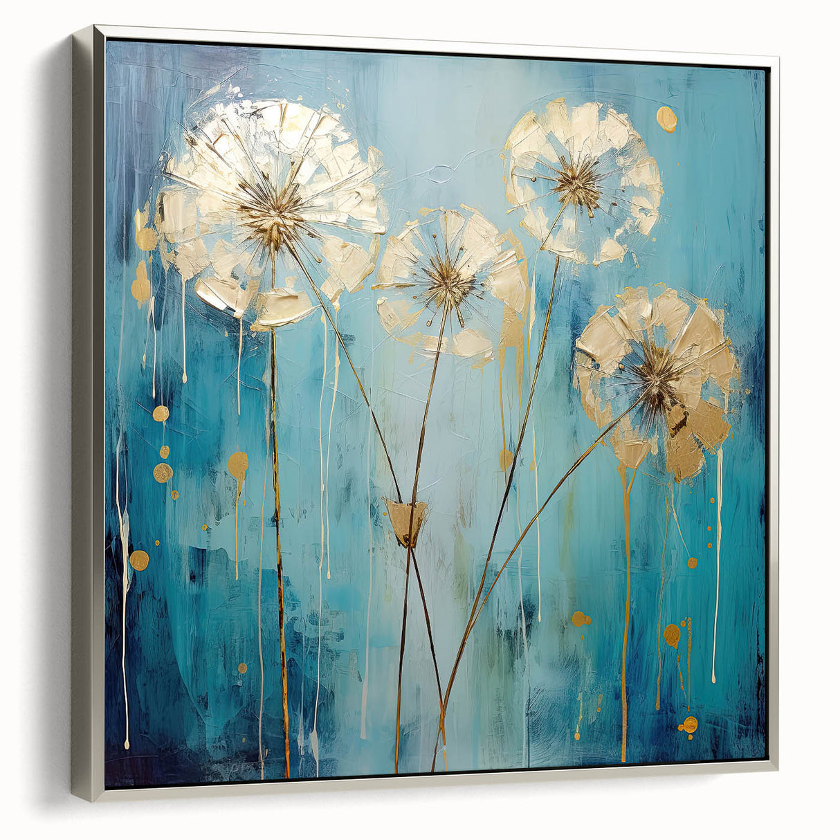 Framed canvas artwork showcasing an abstract floral design in vibrant colors, highlighted by a sleek silver frame, ideal for modern home decor.