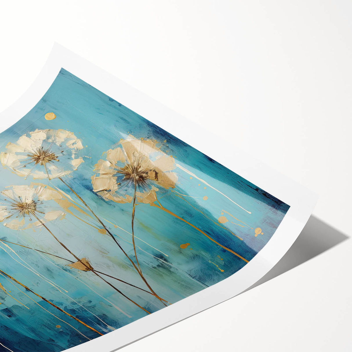 Vibrant abstract floral design print showcasing intricate patterns in shades of pink, blue, and yellow, rolled for easy shipping and display versatility. Perfect for adding a pop of color to any modern home decor.