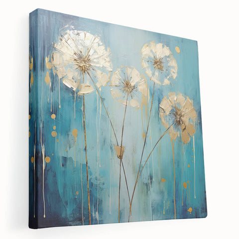 Abstract floral stretched canvas artwork showcasing vibrant colors and intricate patterns, displayed in a side view to highlight its depth and texture. Ideal for modern decor.