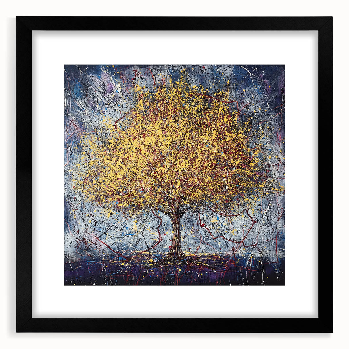 Abstract floral design framed in black with a mat finish, showcasing vibrant colors and intricate details, perfect for modern home décor and art enthusiasts.