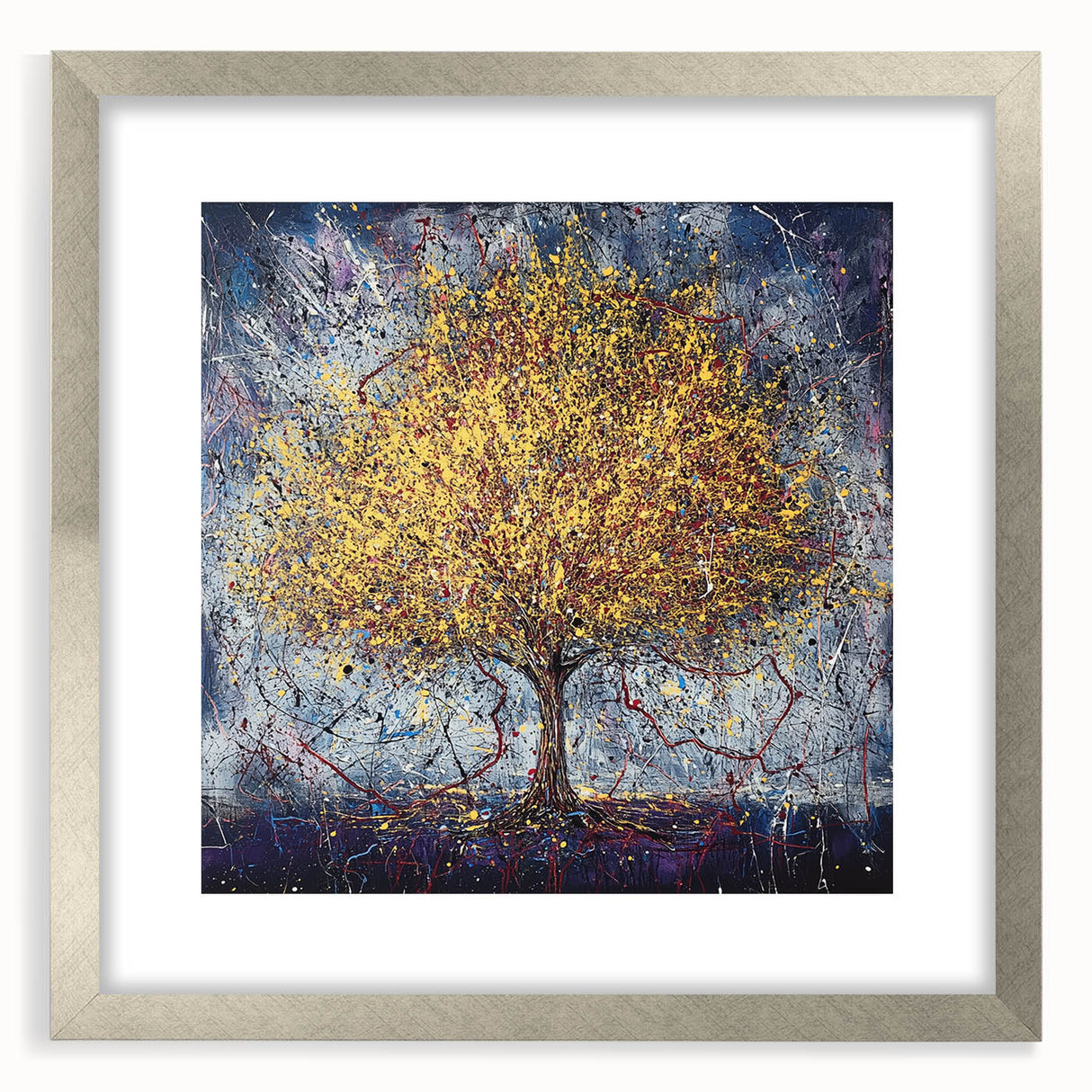Abstract floral artwork framed in silver, showcasing vibrant colors and intricate patterns. Perfect for adding a modern touch to home decor or gallery walls.