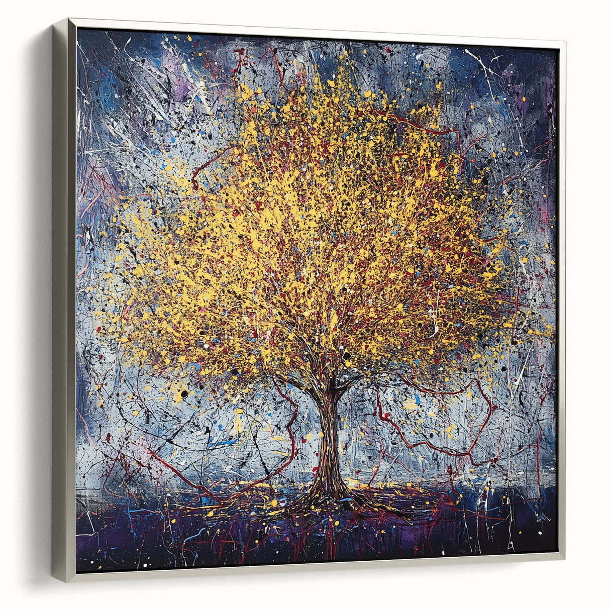 Framed canvas artwork showcasing abstract floral design in vibrant colors, set against a sleek silver frame. Ideal for modern home decor and art enthusiasts.