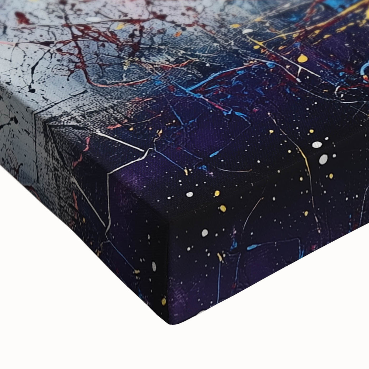 Close-up of a stretched canvas showcasing vibrant abstract floral artwork in a mix of blues, pinks, and greens, ideal for modern home decor enhancement.