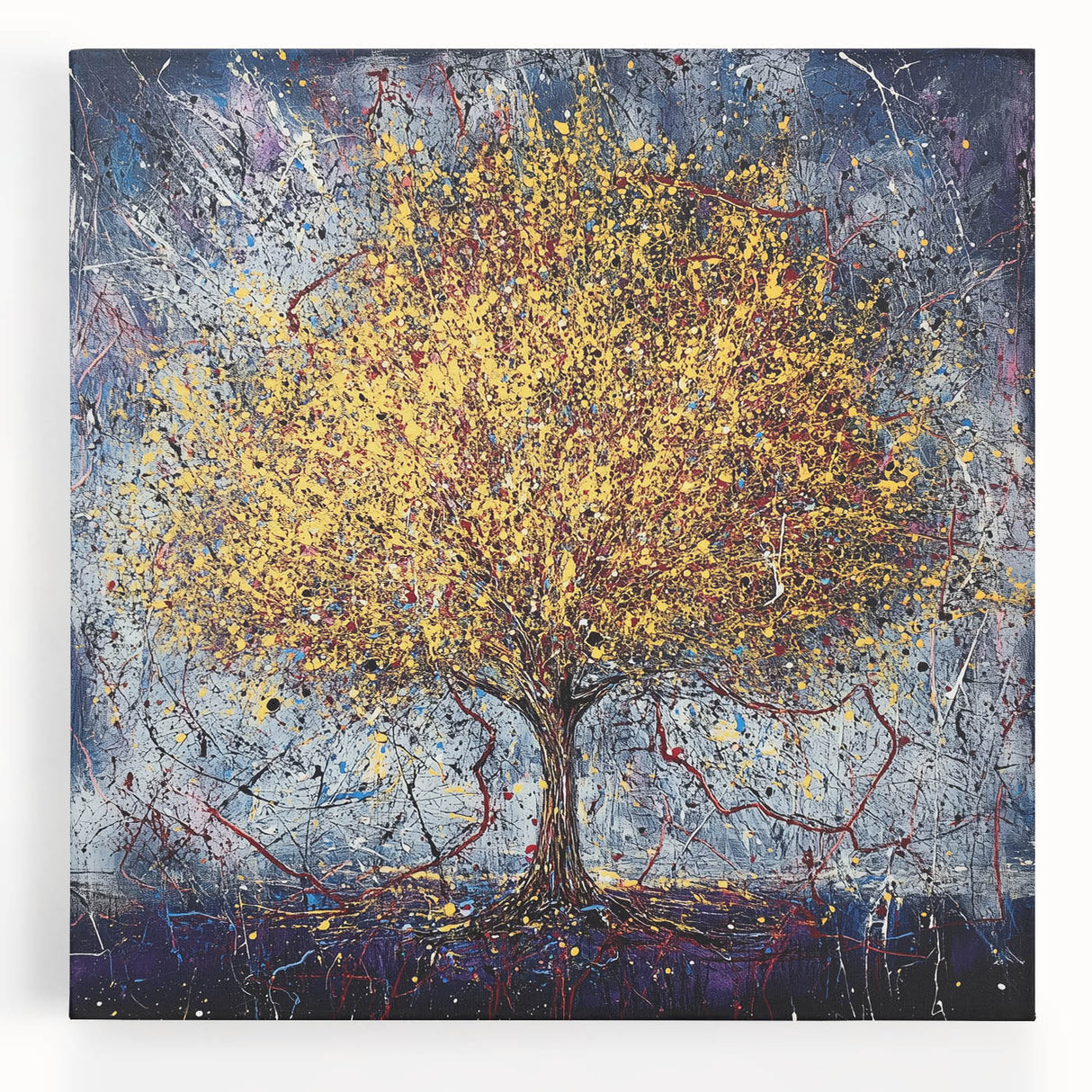 Abstract floral canvas art piece showcasing vibrant colors like blue, pink, and yellow, designed for modern home decor, highlighting intricate floral patterns and textures. Perfect for enhancing living spaces, this artwork adds a touch of elegance and creativity to any room.