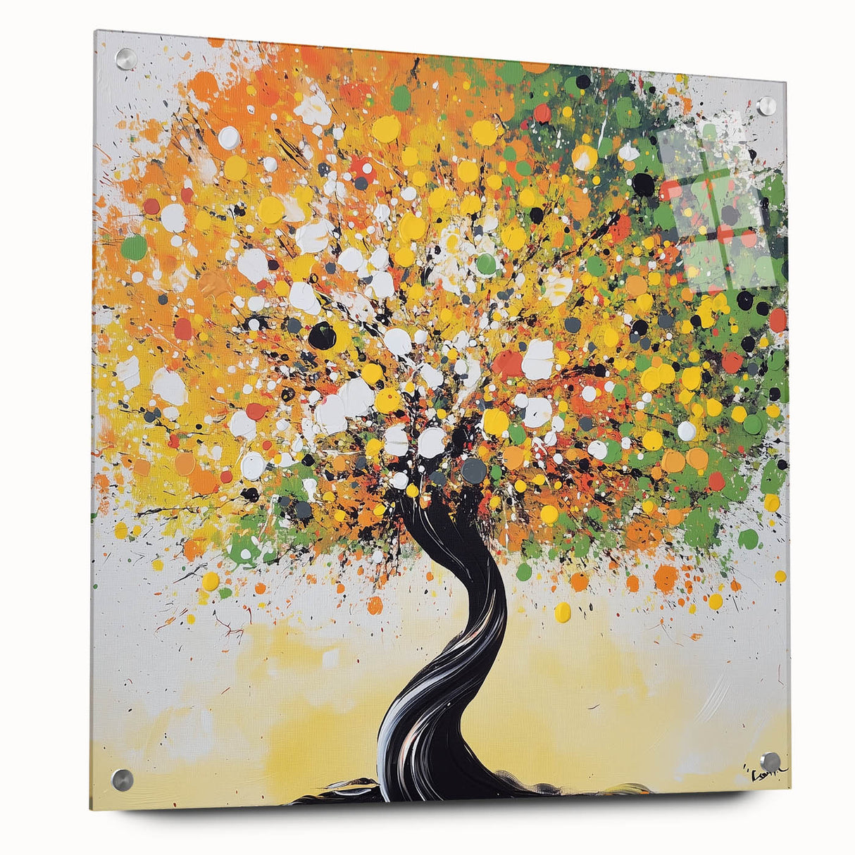 Abstract floral acrylic artwork displayed from a side view, showcasing vibrant colors and intricate details, secured with decorative pins for an elegant presentation.