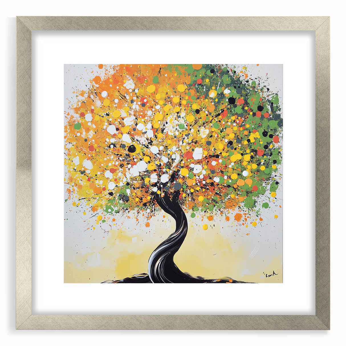 Abstract floral frame artwork in silver matting, showcasing vibrant colors and intricate designs, perfect for modern home decor or gallery displays.