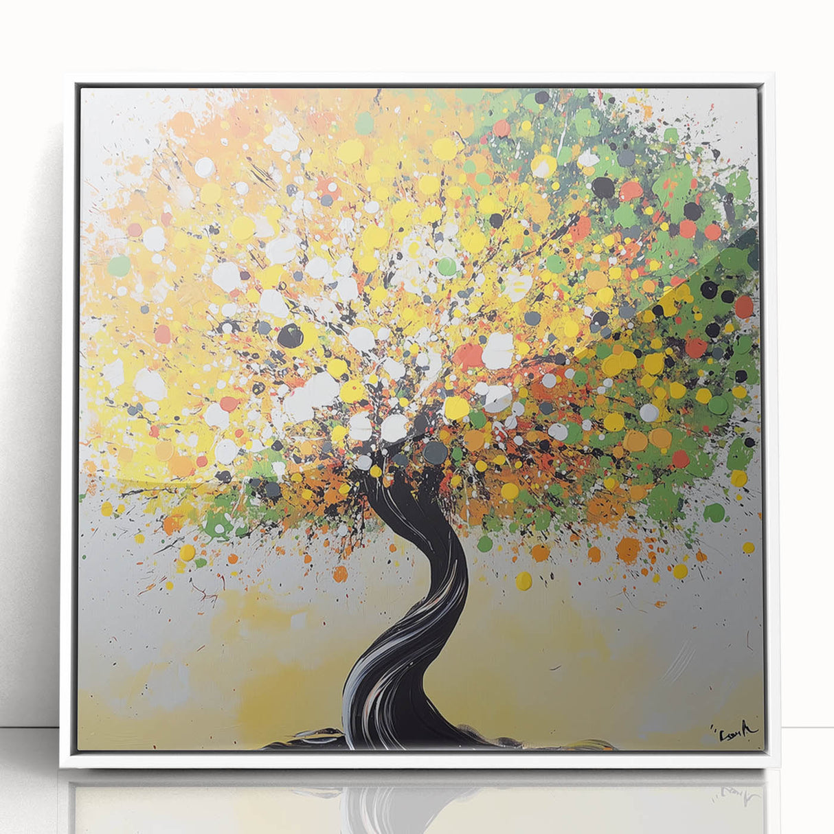 Framed acrylic artwork showcasing a vibrant abstract floral design in shades of pink, green, and blue, set against a sleek white background, ideal for modern decor.