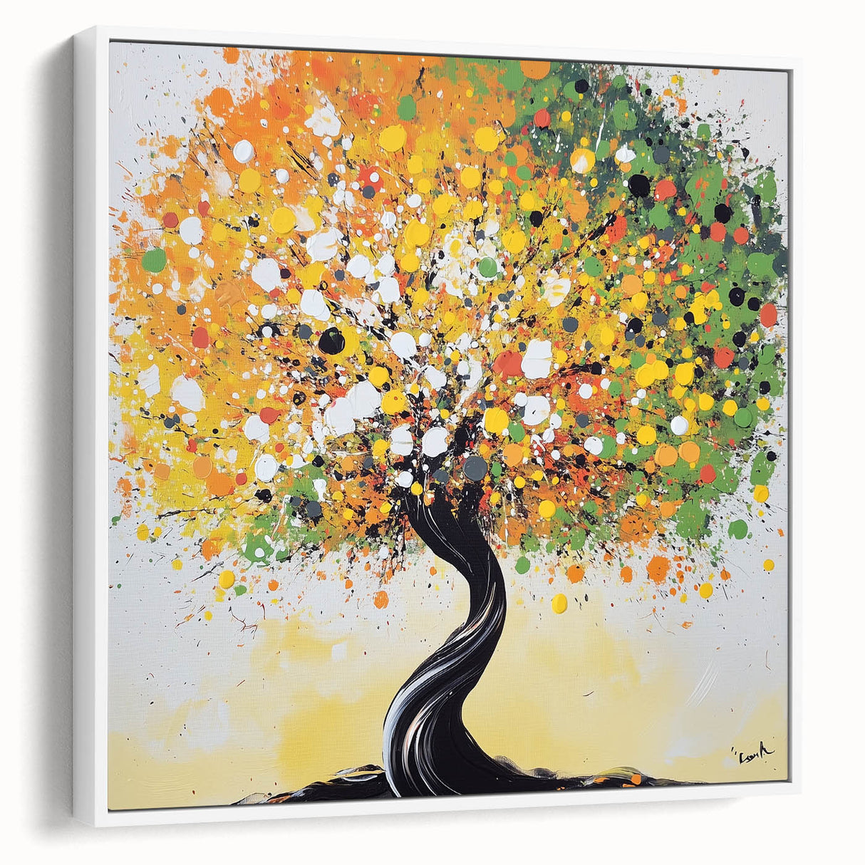 Framed white canvas showcasing an abstract floral design with vibrant colors and intricate patterns, perfect for modern home decor. Ideal for adding a touch of elegance to any room.