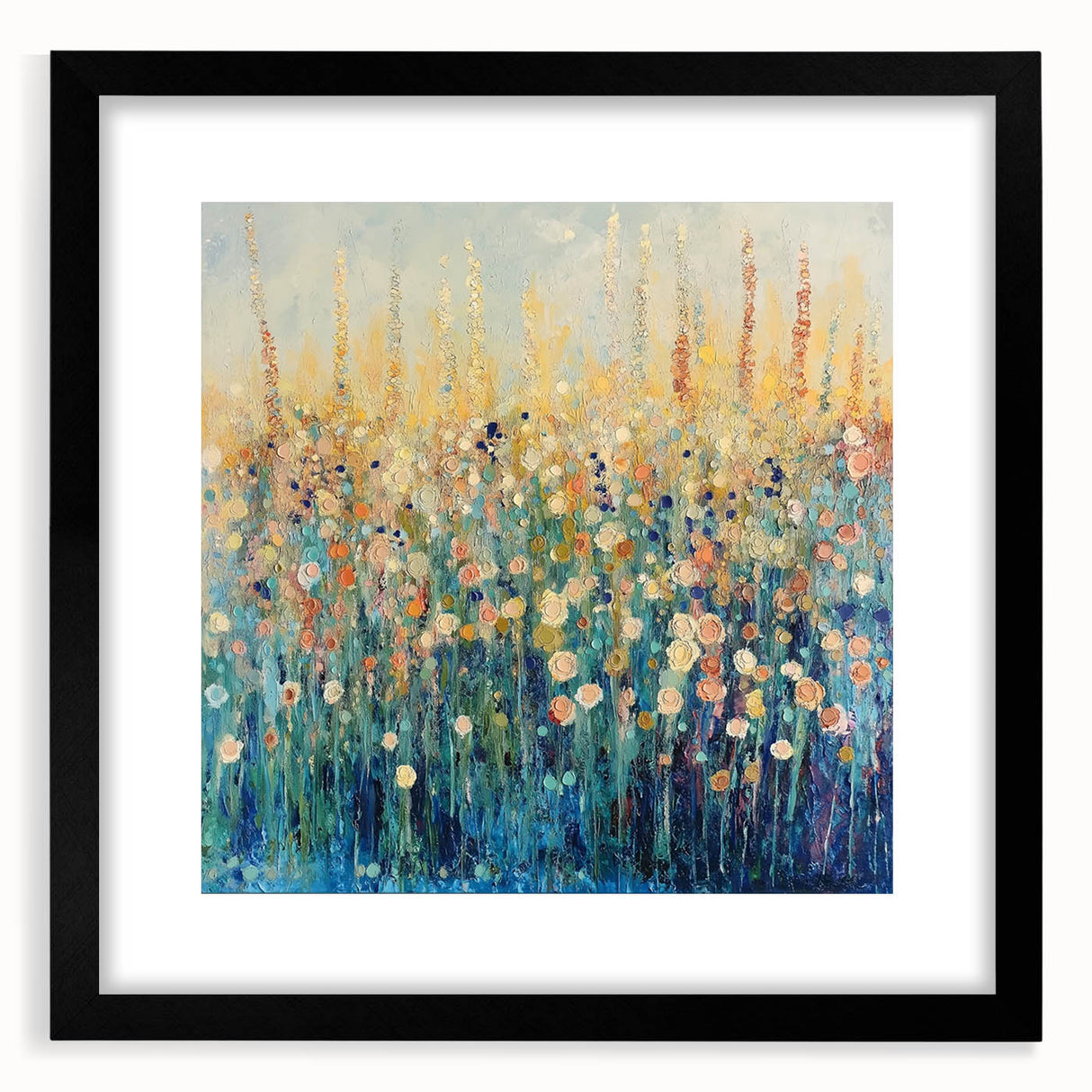 Abstract floral art print framed in a sleek black mat, showcasing vibrant colors and intricate designs, ideal for modern home decor or gallery walls.