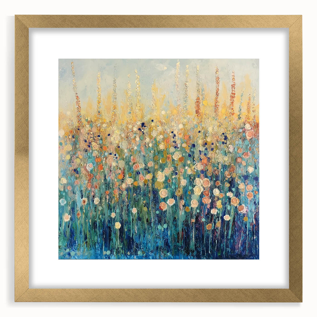 Abstract floral artwork framed in gold, showcasing vibrant colors and intricate details, perfect for modern home decor. Ideal for adding elegance to any room.