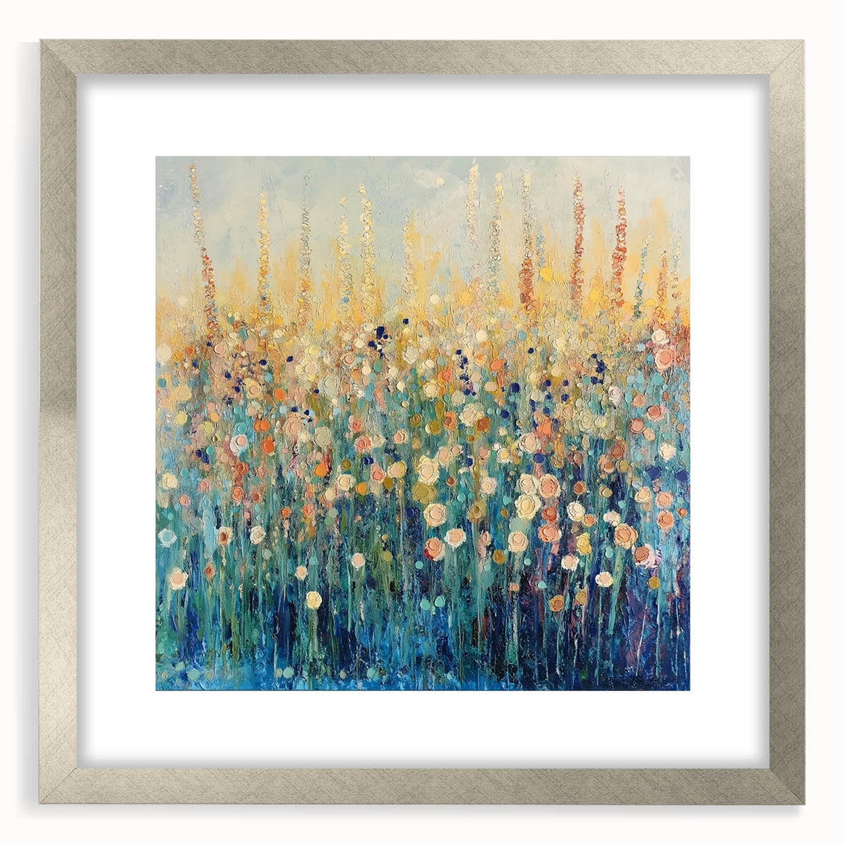 Abstract floral frame with a silver mat, showcasing a vibrant arrangement of colorful flowers and intricate details, ideal for home decor enhancement.