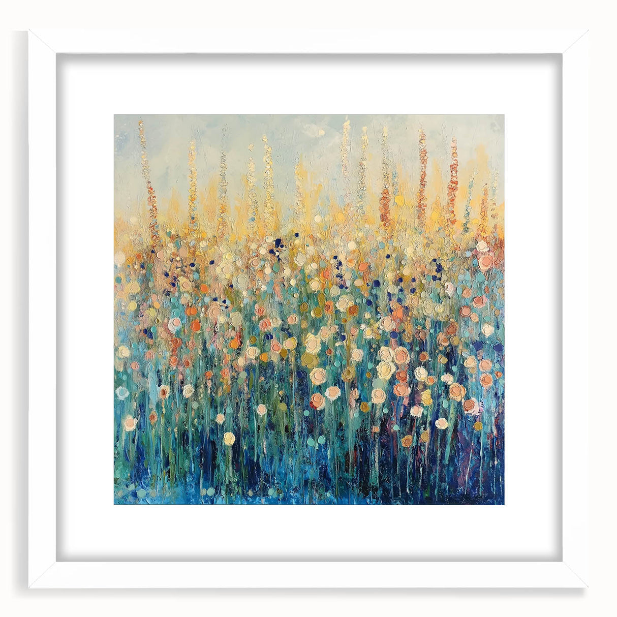 Abstract floral design framed in white mat, showcasing vibrant colors and intricate patterns, ideal for modern home decor or artistic displays.
