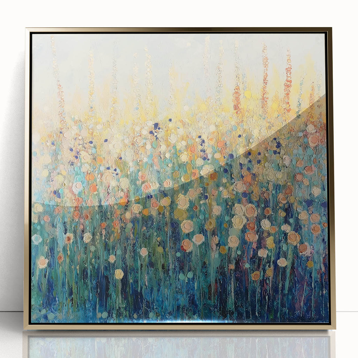 Framed acrylic artwork showcasing vibrant abstract floral designs in gold and pastel hues, ideal for modern home decor. Perfect for enhancing any living space.