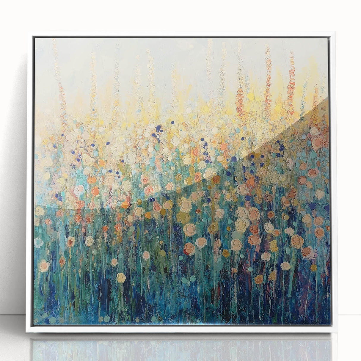 Framed acrylic artwork showcasing vibrant abstract florals in white tones, perfect for modern home decor. Ideal for enhancing living spaces with a touch of elegance.