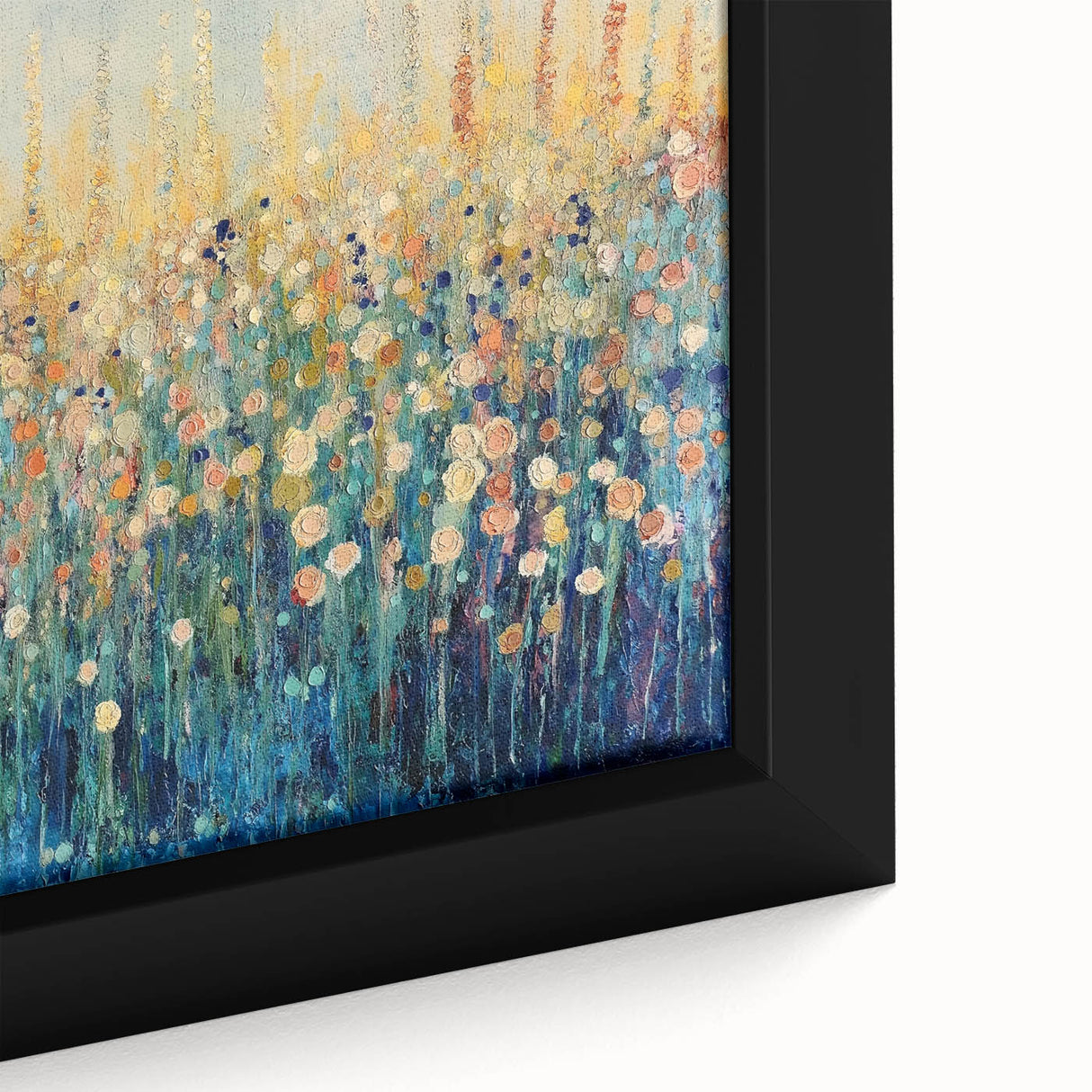 Close-up of a framed canvas artwork showcasing vibrant abstract floral designs in rich colors, highlighting intricate details and textures, perfect for home decor.