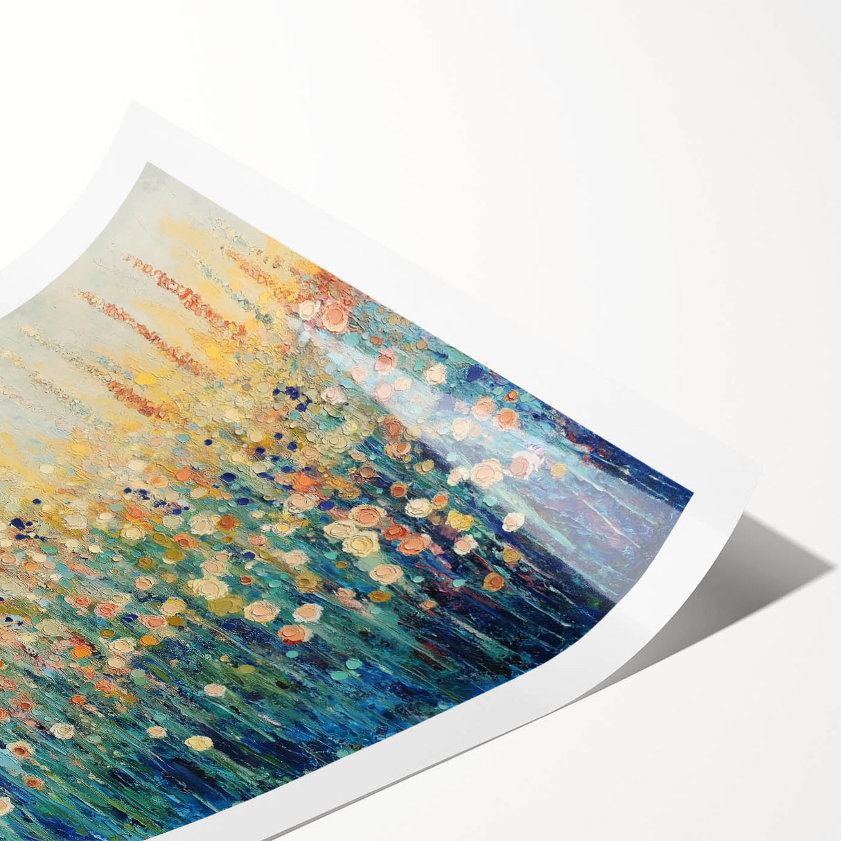 Abstract floral rolled print featuring vibrant colors and intricate designs, ideal for home decor. Packaged securely in a durable tube for protection during shipping.