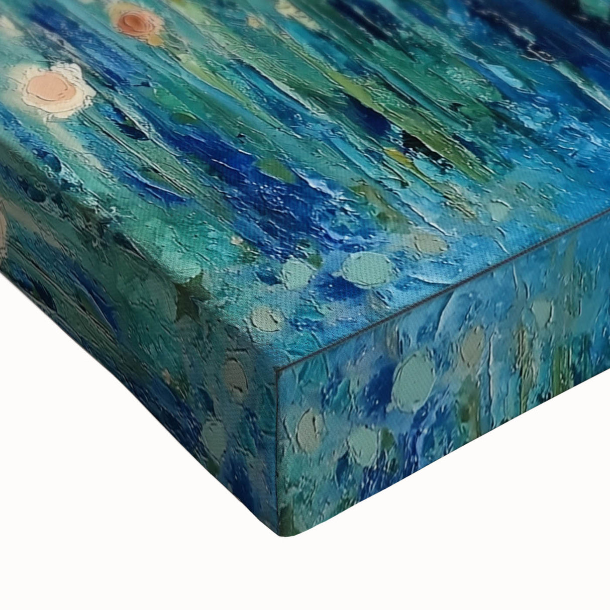 Close-up of a vibrant abstract floral stretched canvas artwork showcasing rich colors and intricate details, perfect for home decor or wall art displays.