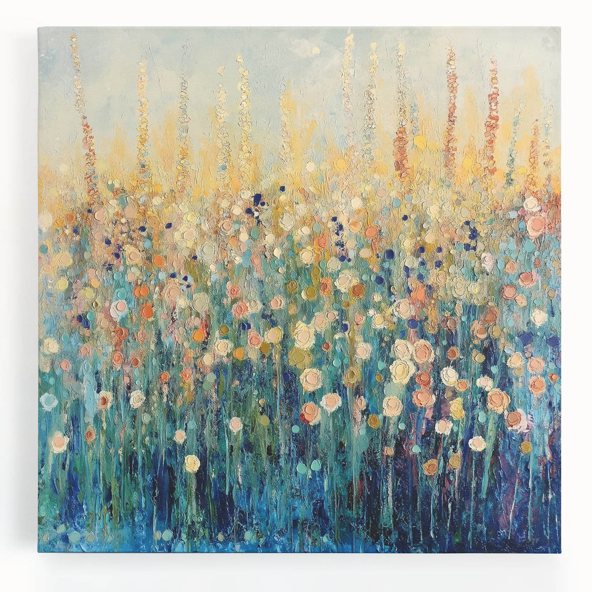 Abstract floral design canvas art featuring vibrant colors and intricate patterns, perfect for home decor. The artwork showcases a modern aesthetic, ideal for enhancing interior spaces with a touch of elegance.