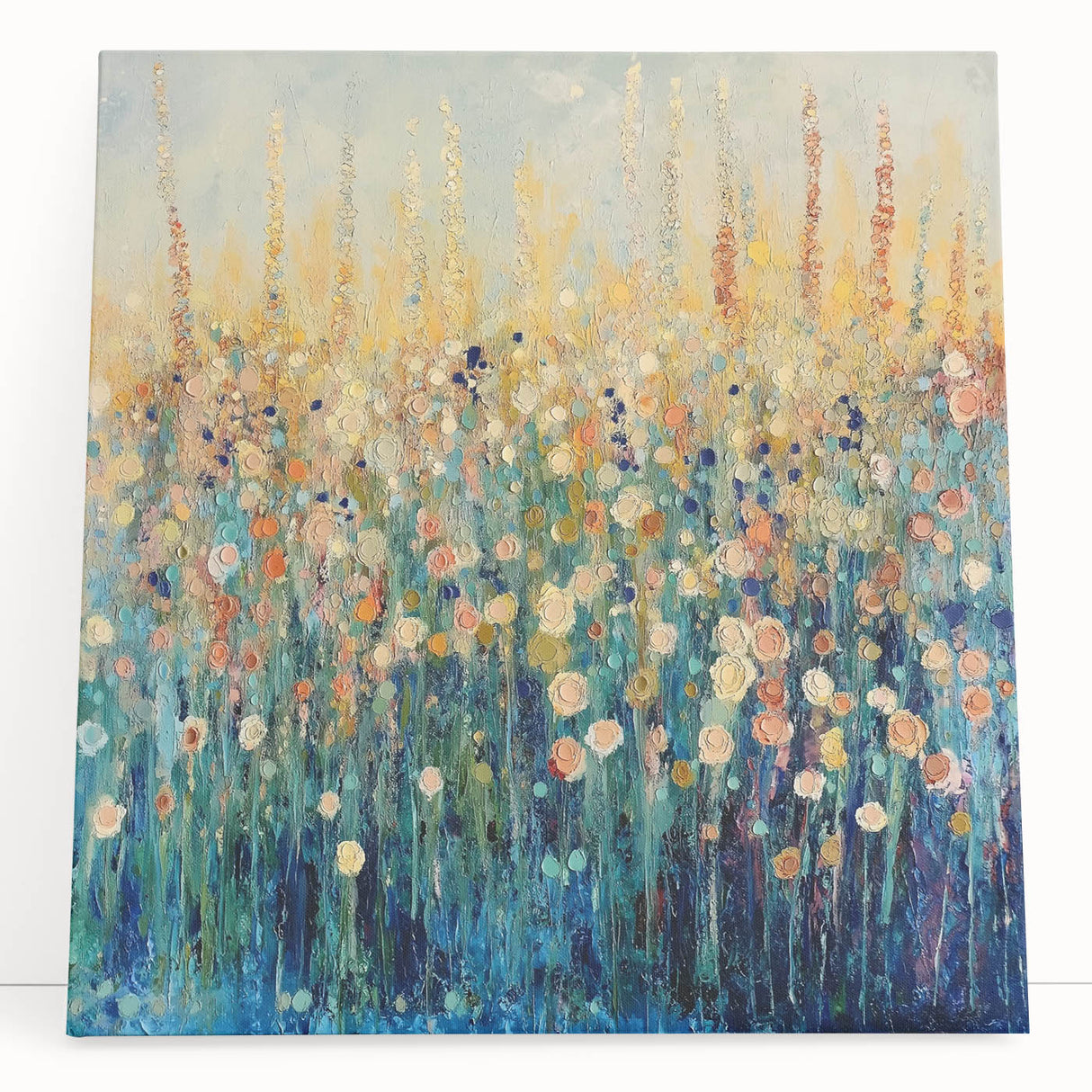 Abstract floral canvas art piece featuring vibrant colors and intricate designs, elegantly leaning against a neutral wall, perfect for modern home decor.