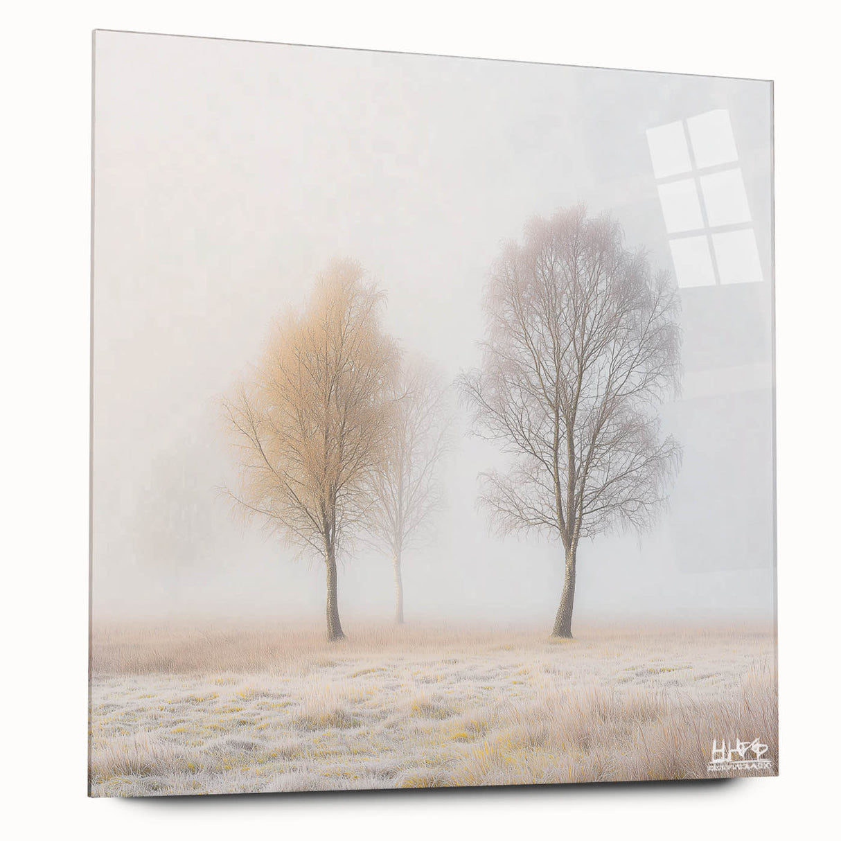 Abstract landscape acrylic artwork displayed from a side view, showcasing vibrant colors and smooth glass finish, perfect for modern home decor.