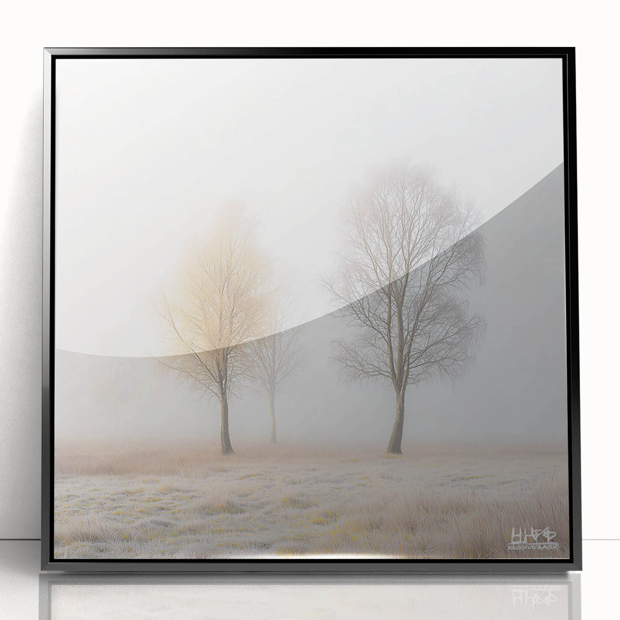 Framed acrylic artwork displaying an abstract landscape design with vibrant colors, set in a sleek black frame, perfect for modern home decor.