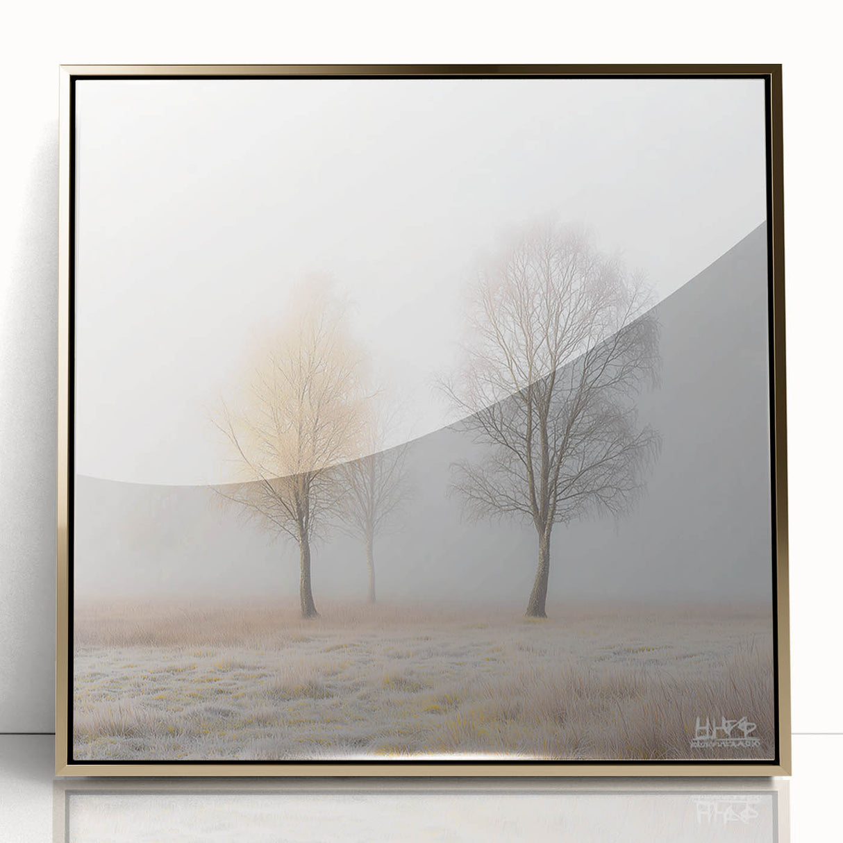 Framed abstract landscape artwork with a gold-acrylic finish, showcasing vibrant colors and fluid shapes, perfect for modern home decor and interior design.