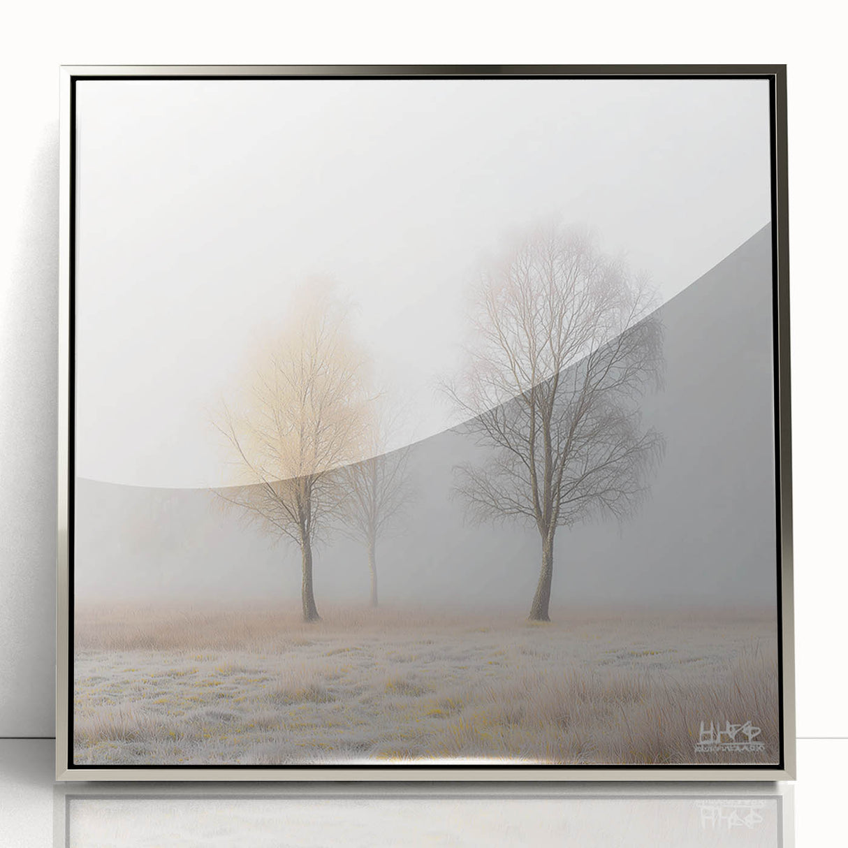 Framed acrylic artwork showcasing an abstract landscape design in silver tones, highlighting vibrant colors and intricate details, perfect for modern decor.