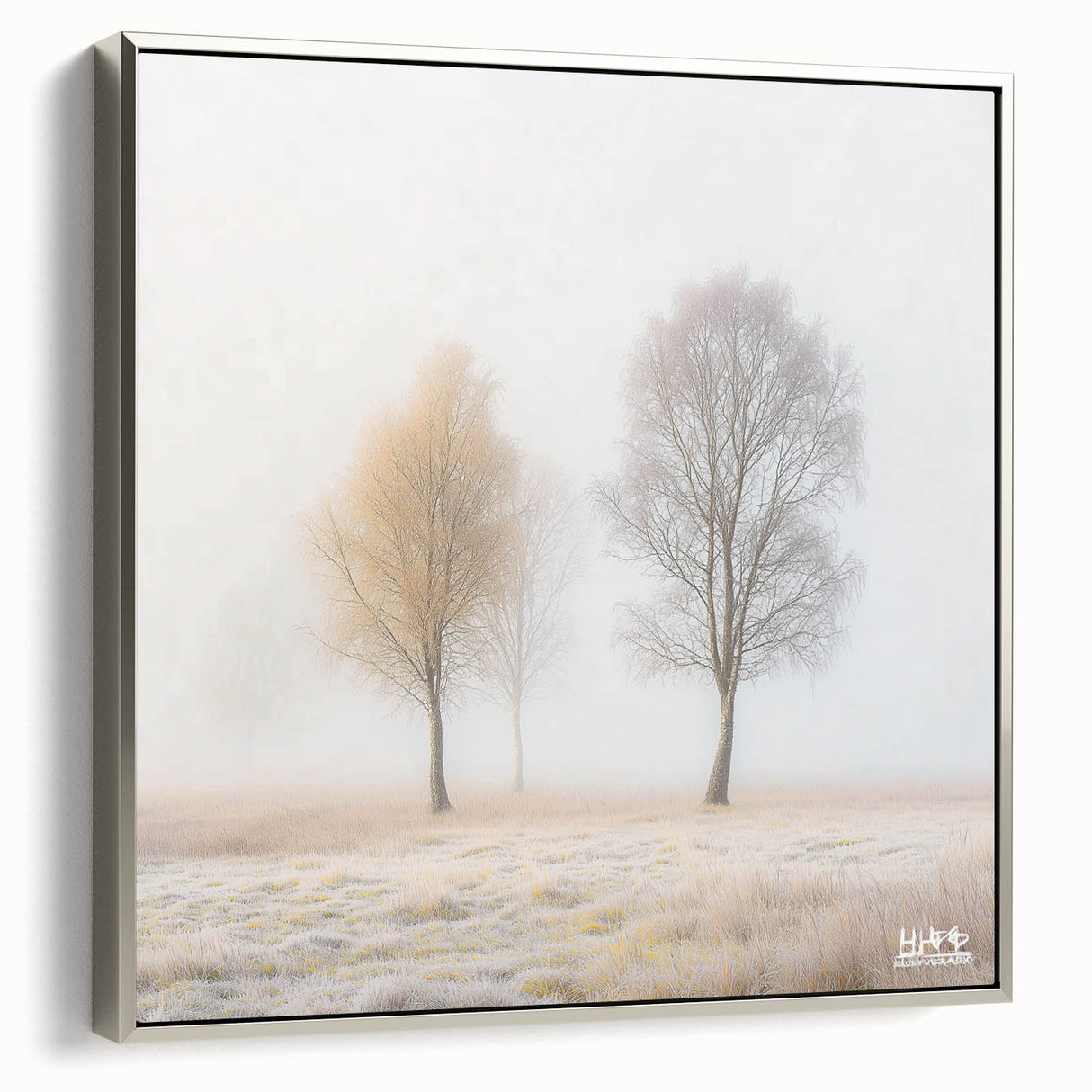 Framed abstract landscape canvas art with silver frame, showcasing vibrant colors and textured details, ideal for modern home decor or office settings.