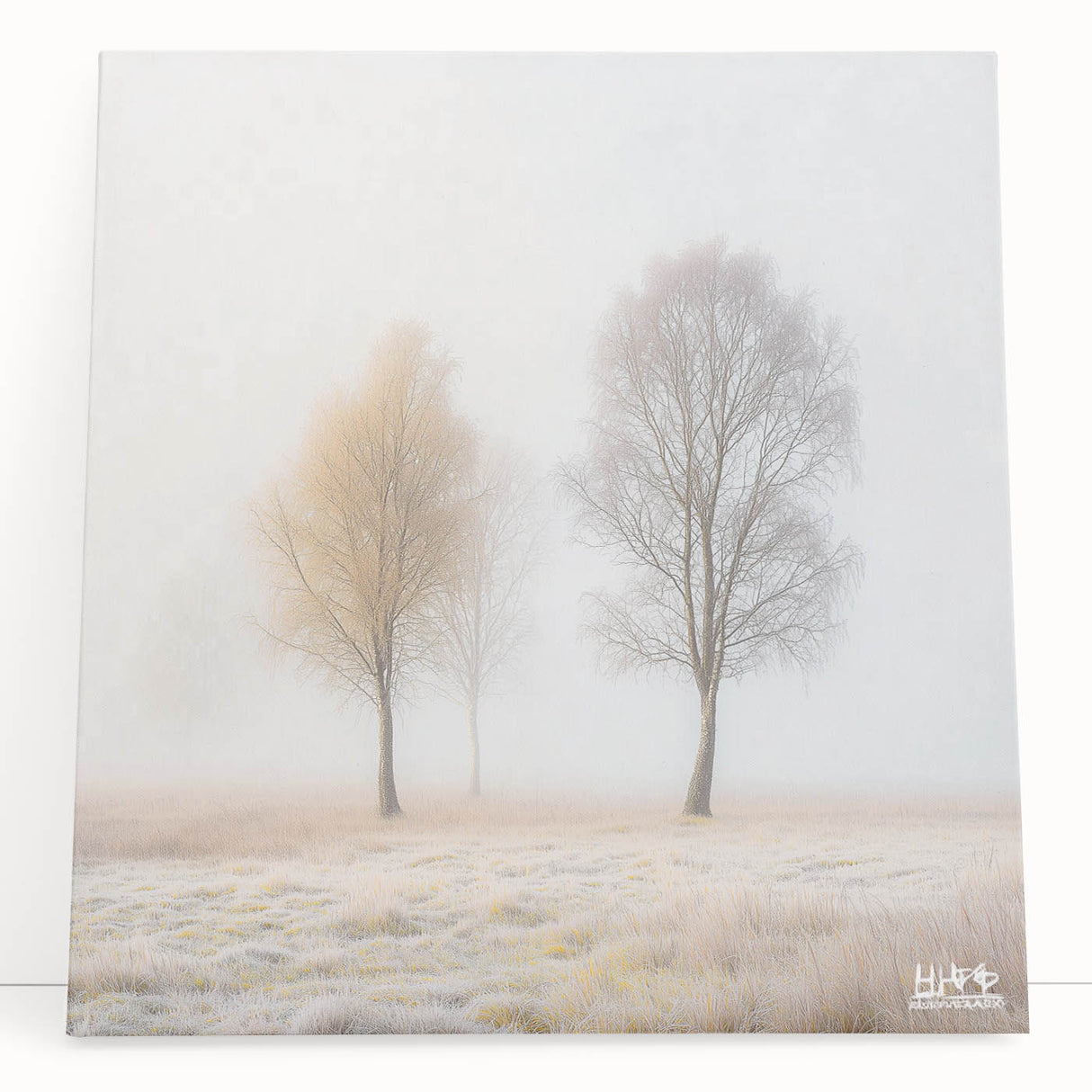 Abstract landscape stretched canvas art featuring vibrant hues of blue, green, and gold, leaning against a textured wall, ideal for modern home decor.