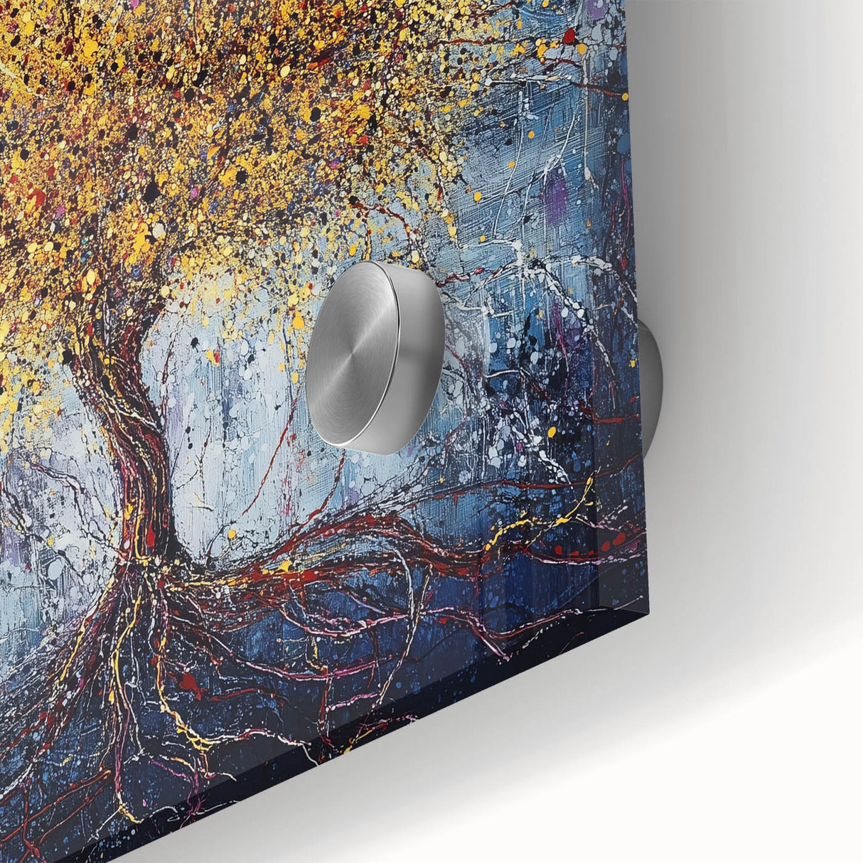 Close-up of an abstract floral artwork created with acrylic on glass, showcasing vibrant colors and intricate details, ideal for modern home decor.