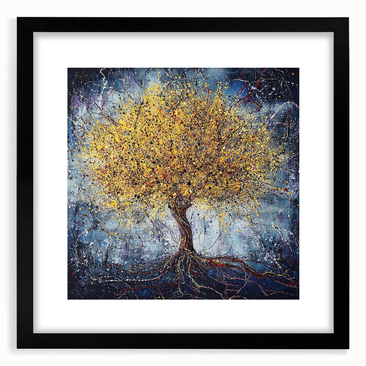 Abstract floral artwork framed in black, showcasing vibrant colors and intricate designs, ideal for home decor or gallery display, adding a touch of elegance.